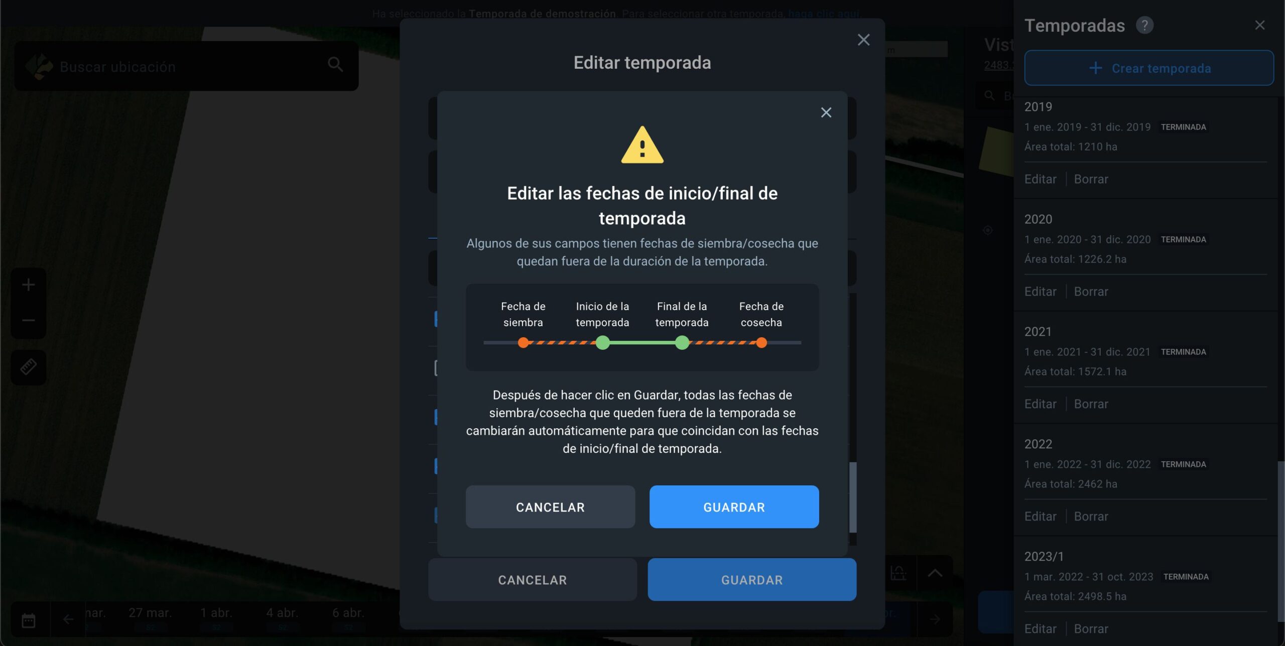por qué aparece un aviso sobre "edición de fechas de inicio/fin de temporada
