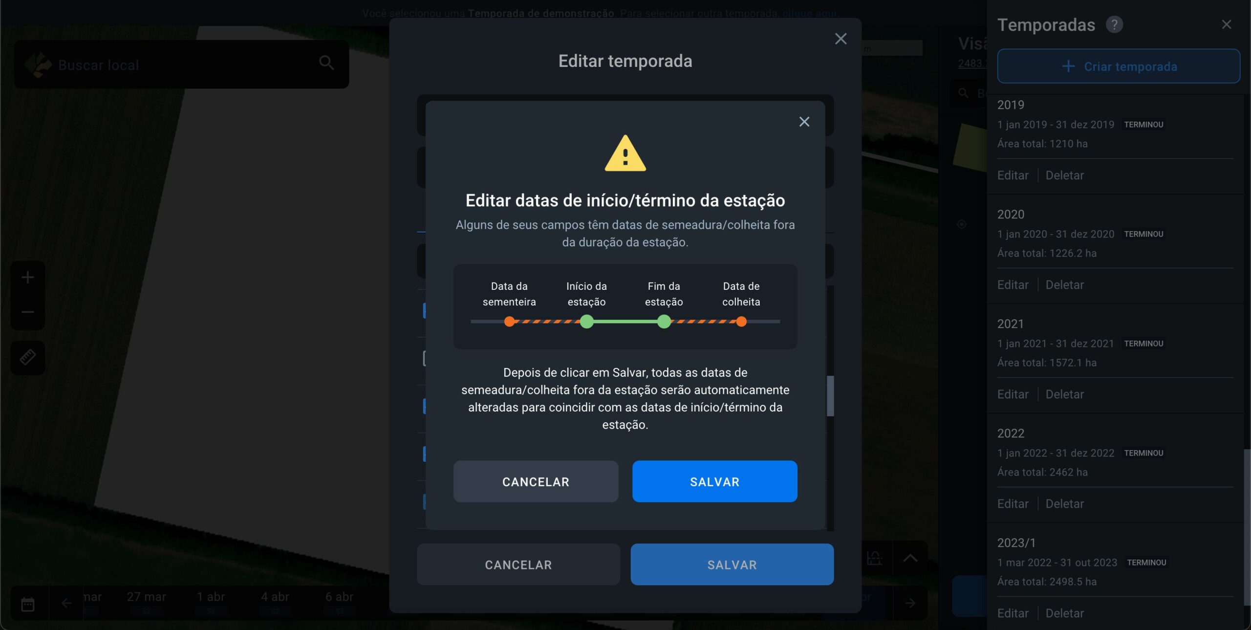 por que aparece um aviso sobre a "edição das datas de início/fim da temporada"