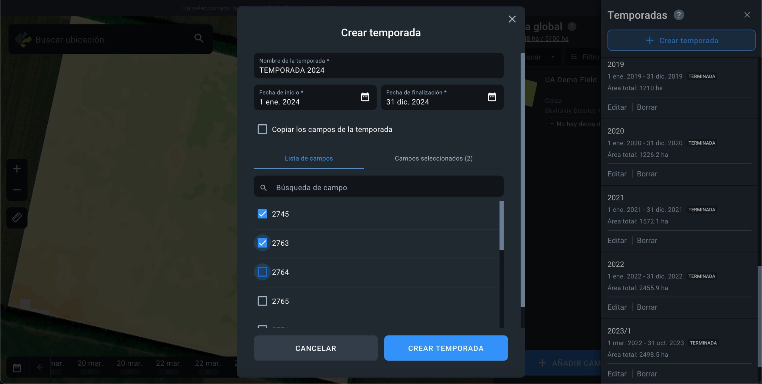 cómo seleccionar los campos para la nueva temporada