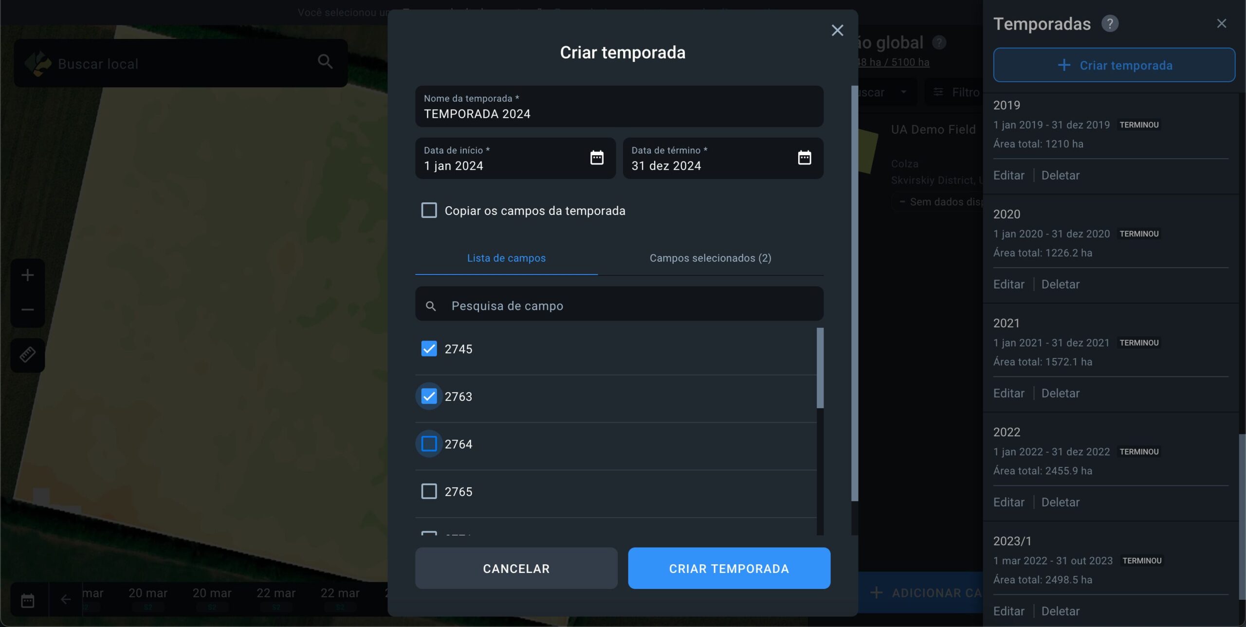 como selecionar campos para a nova temporada
