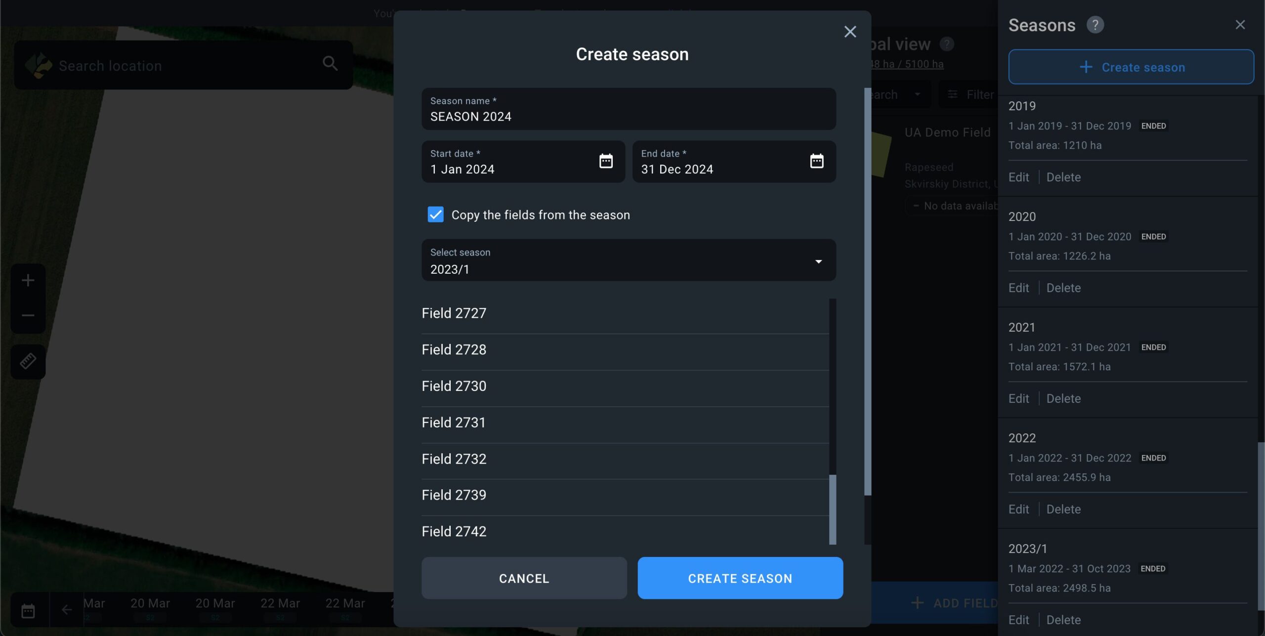 how to copy the fields from another season