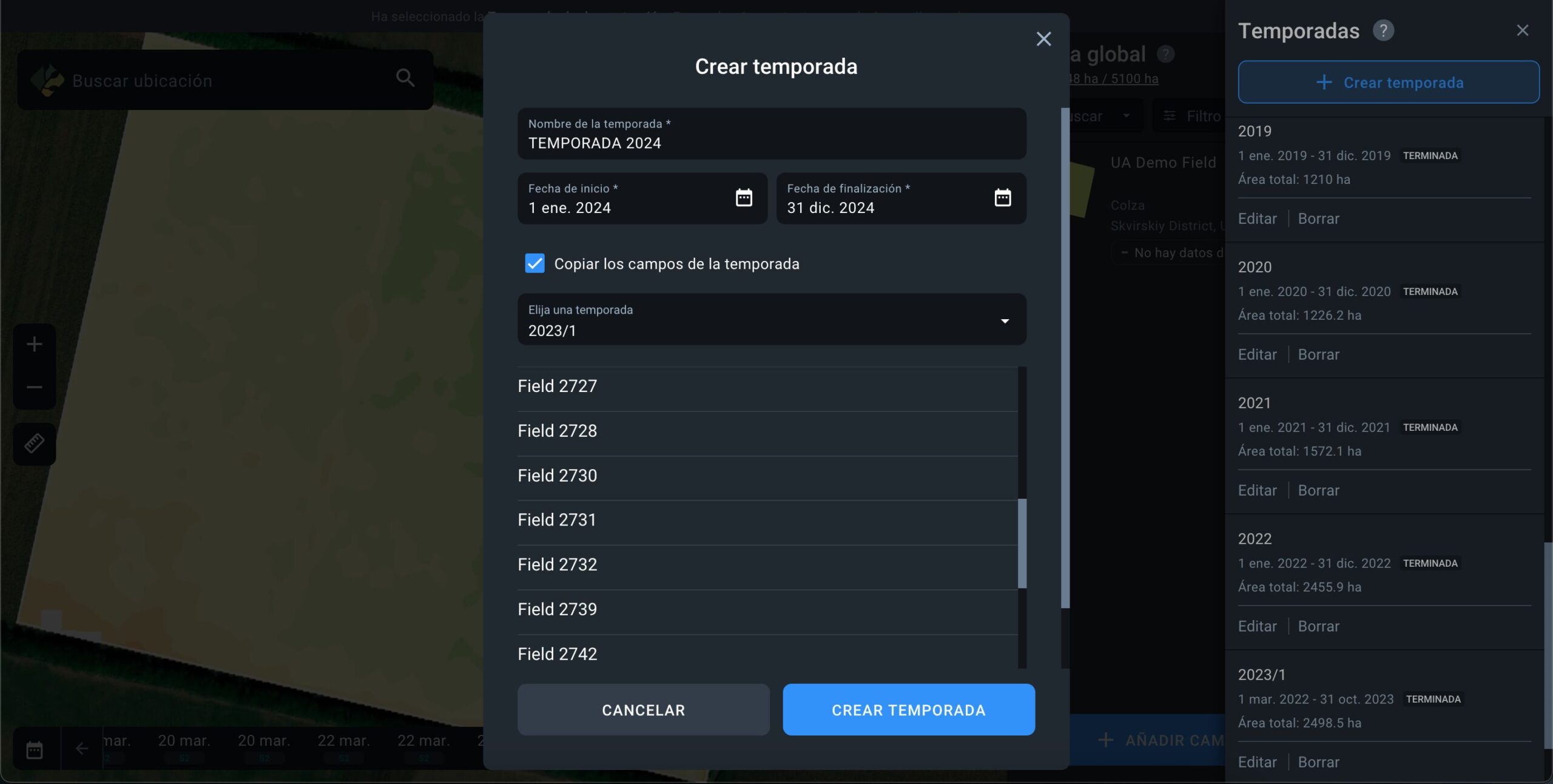 cómo copiar los campos de otra temporada