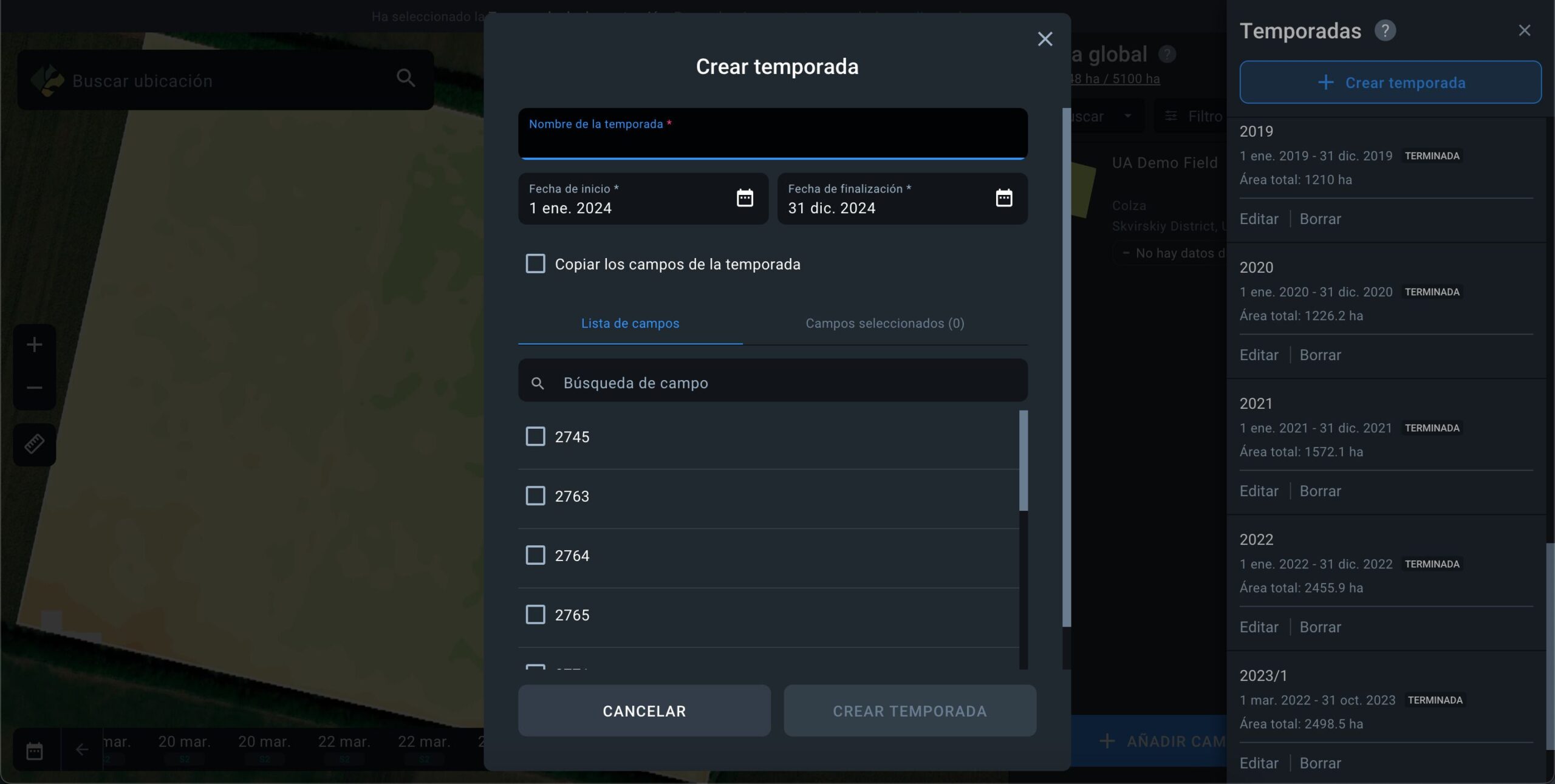 la ventana de creación de temporada