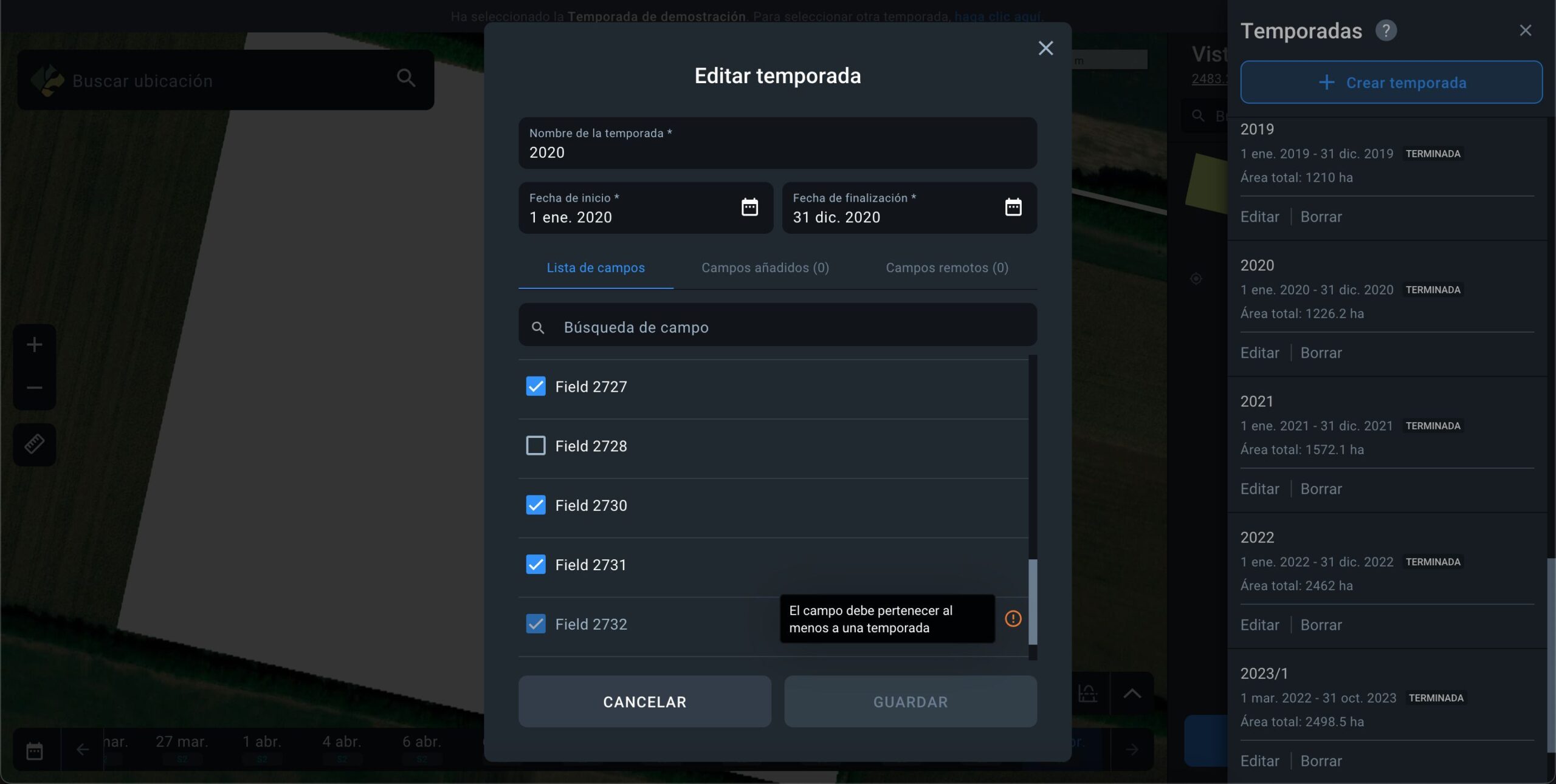 por qué no se pueden eliminar algunos campos de la temporada