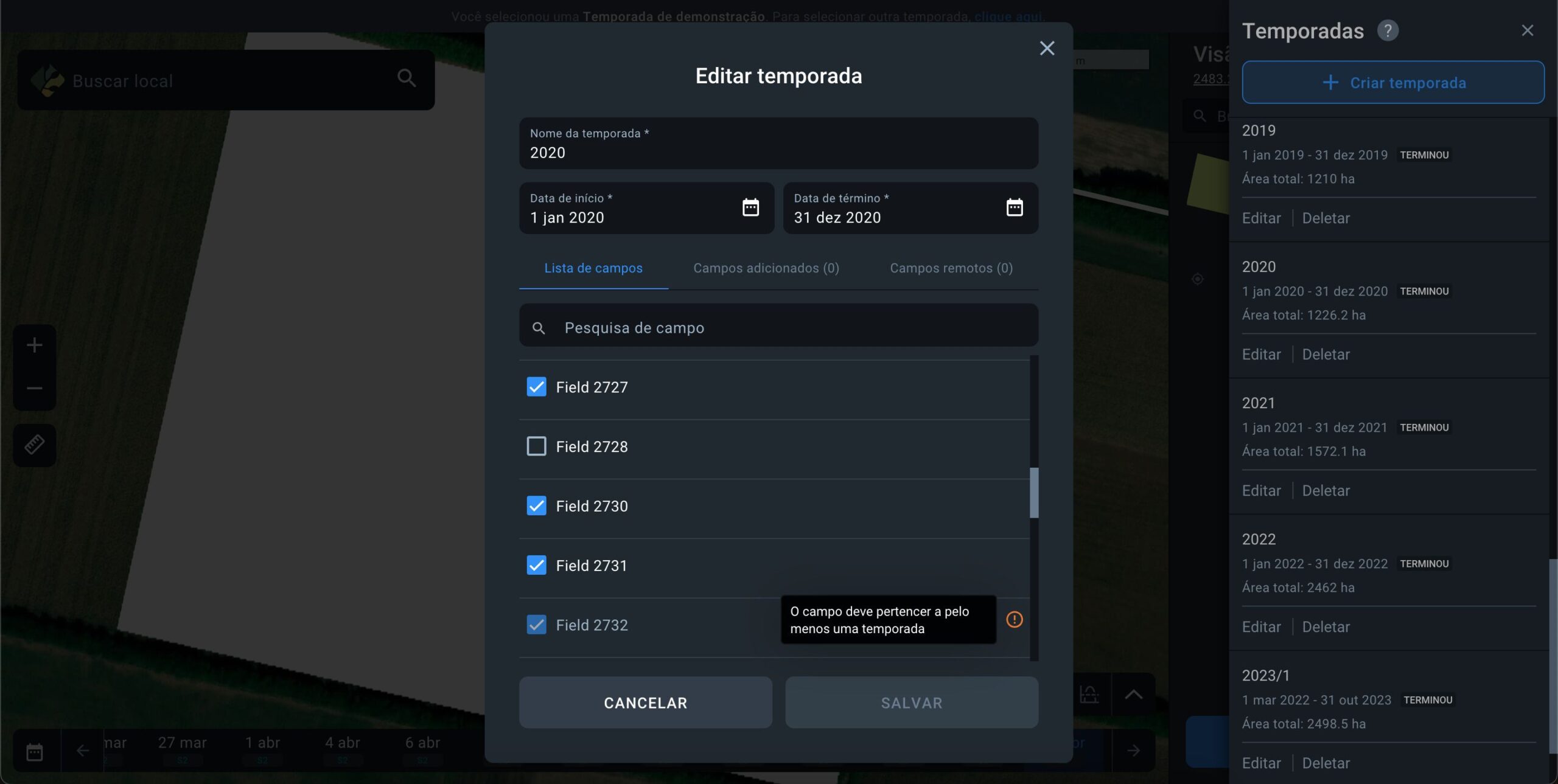 por que alguns campos não podem ser removidos da temporada