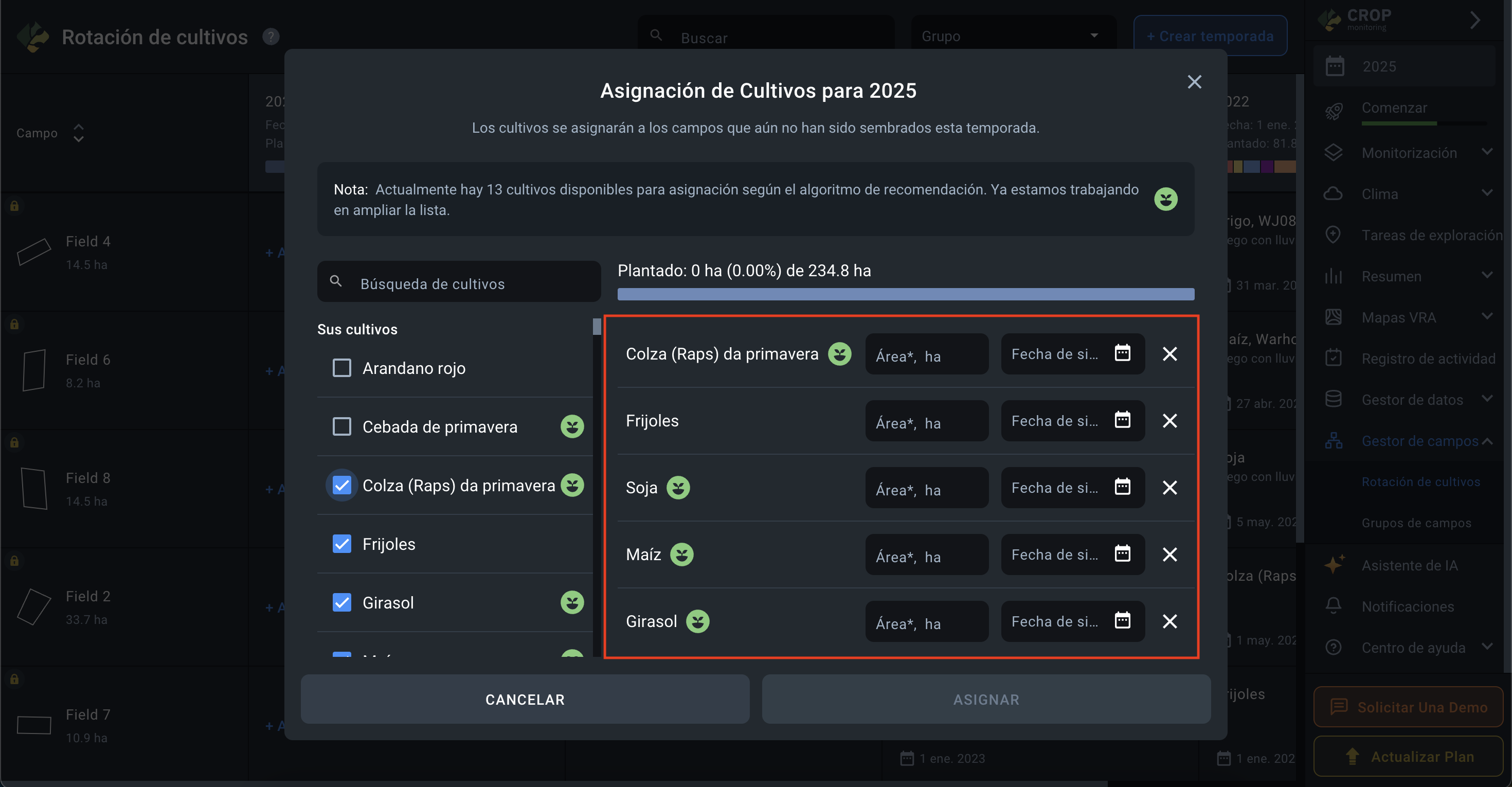 cómo se muestran los cultivos seleccionados