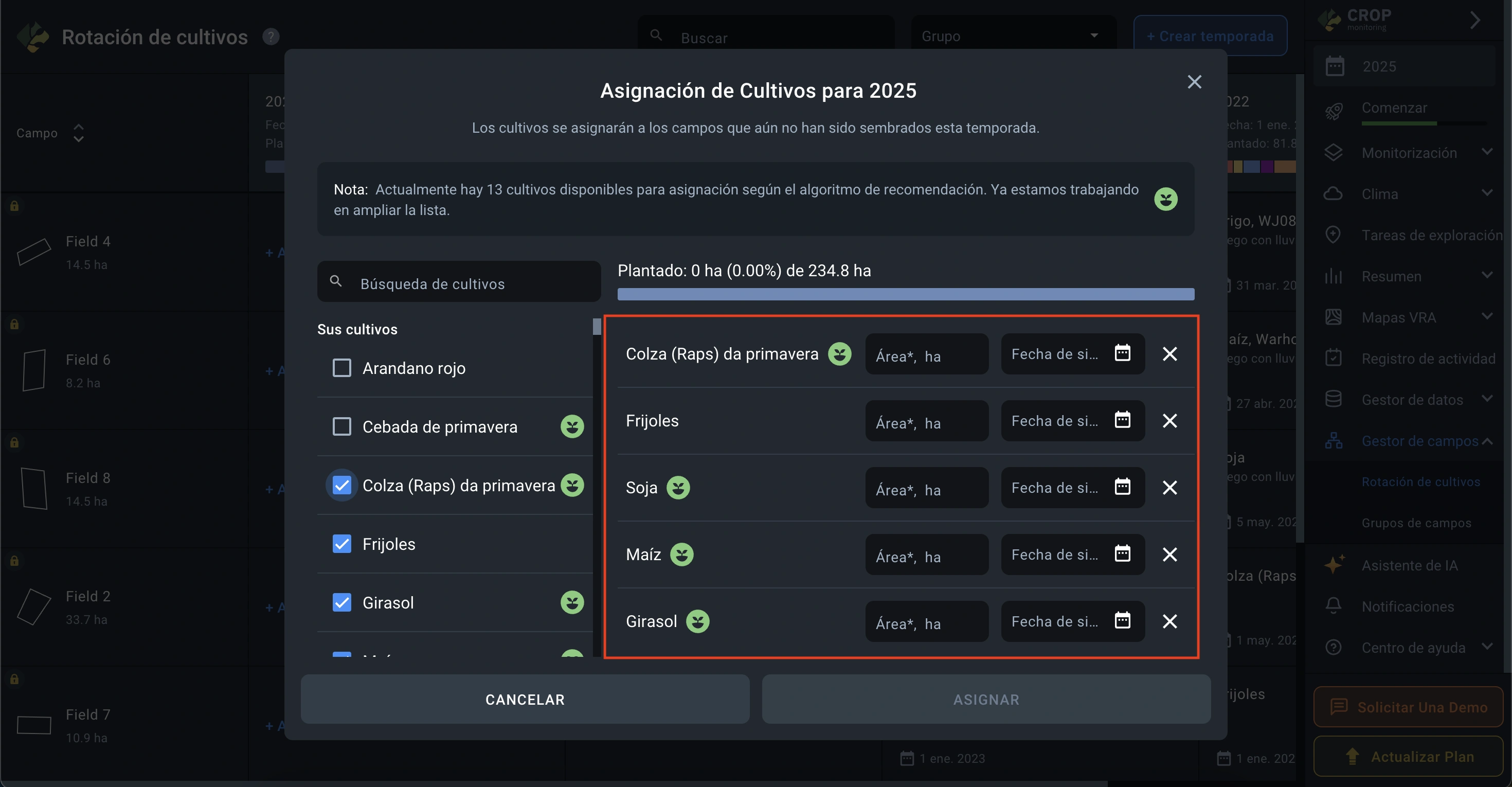 cómo se muestran los cultivos seleccionados