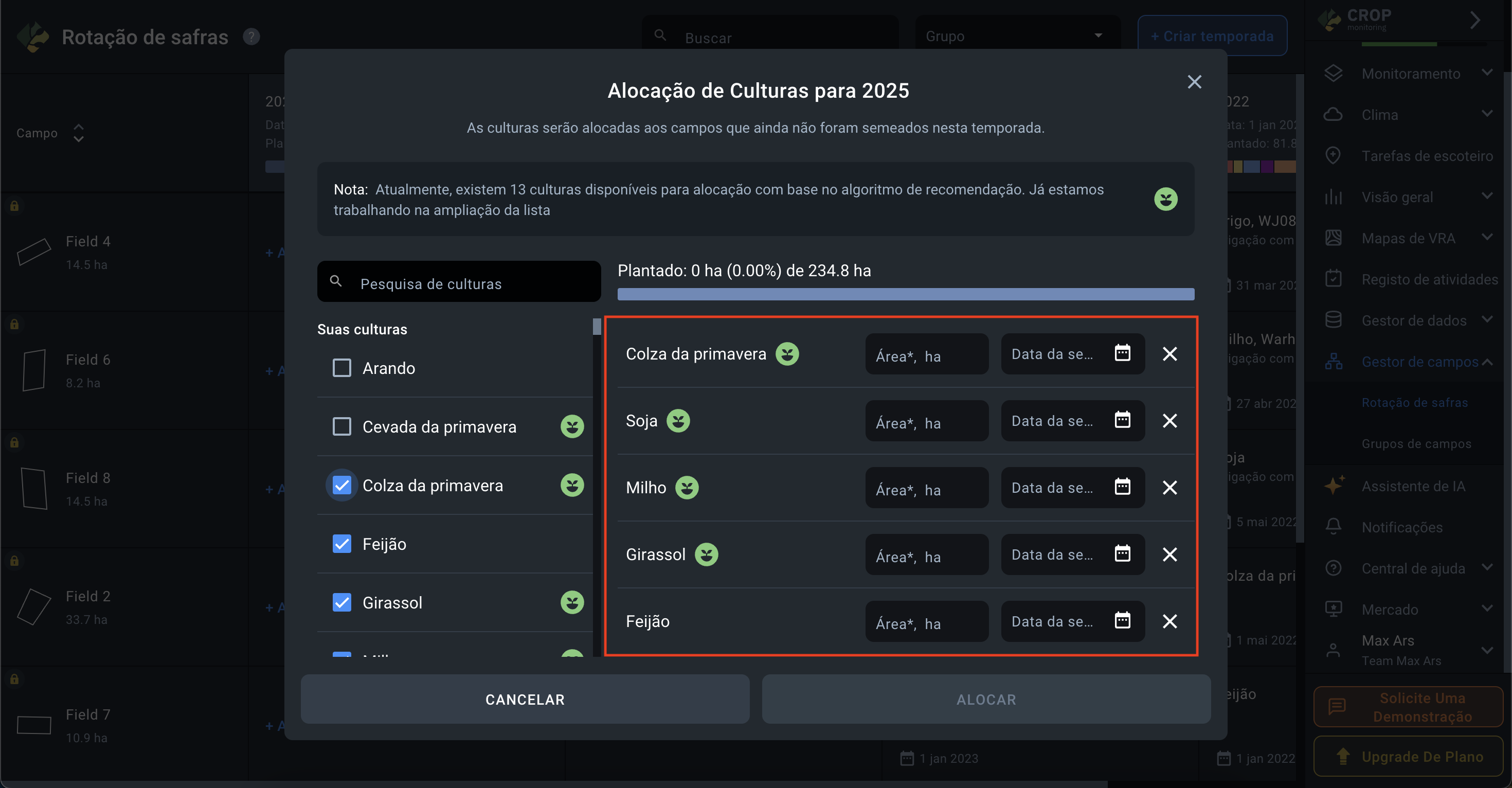 como as culturas selecionadas são exibidas