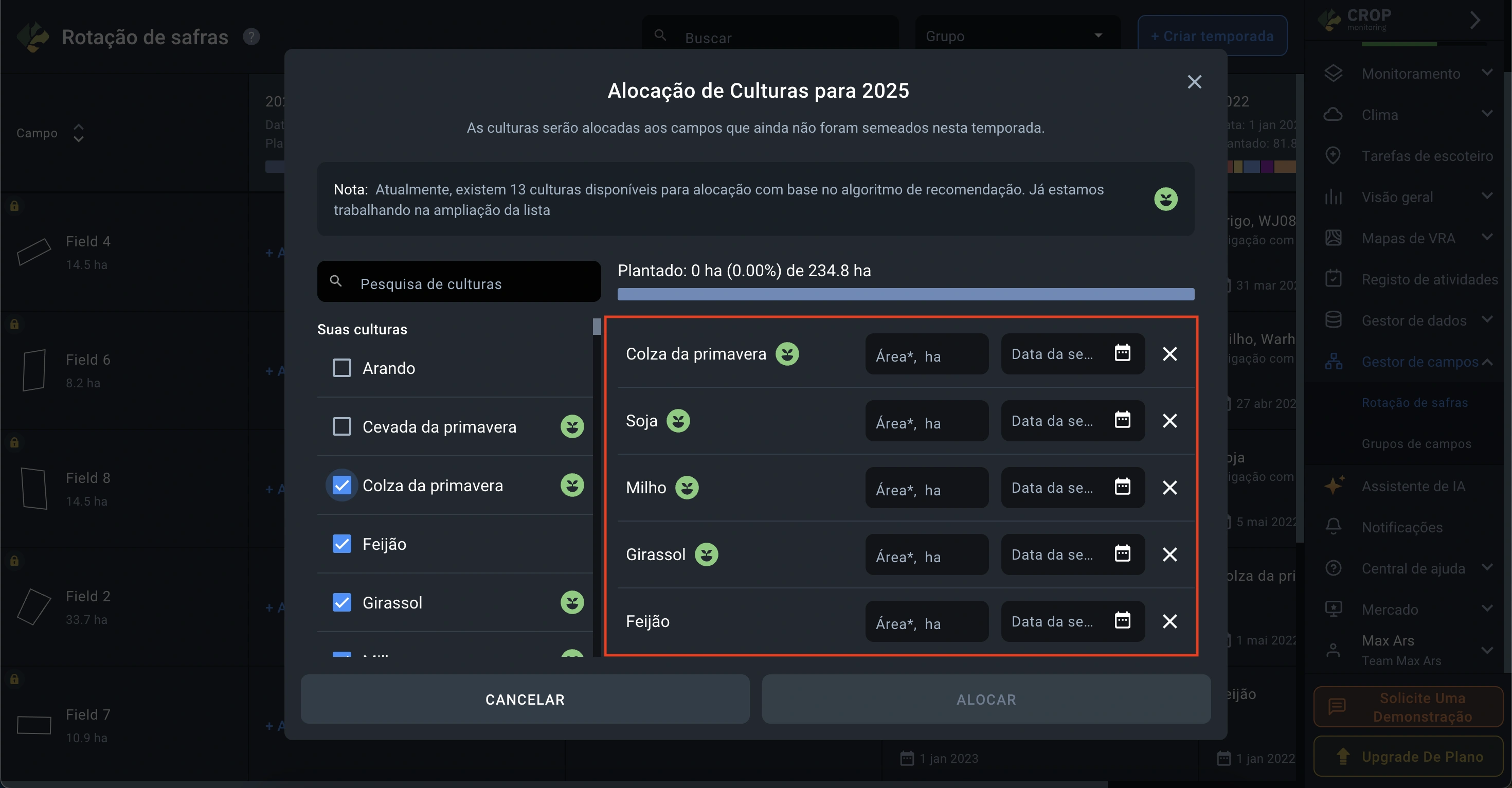 como as culturas selecionadas são exibidas