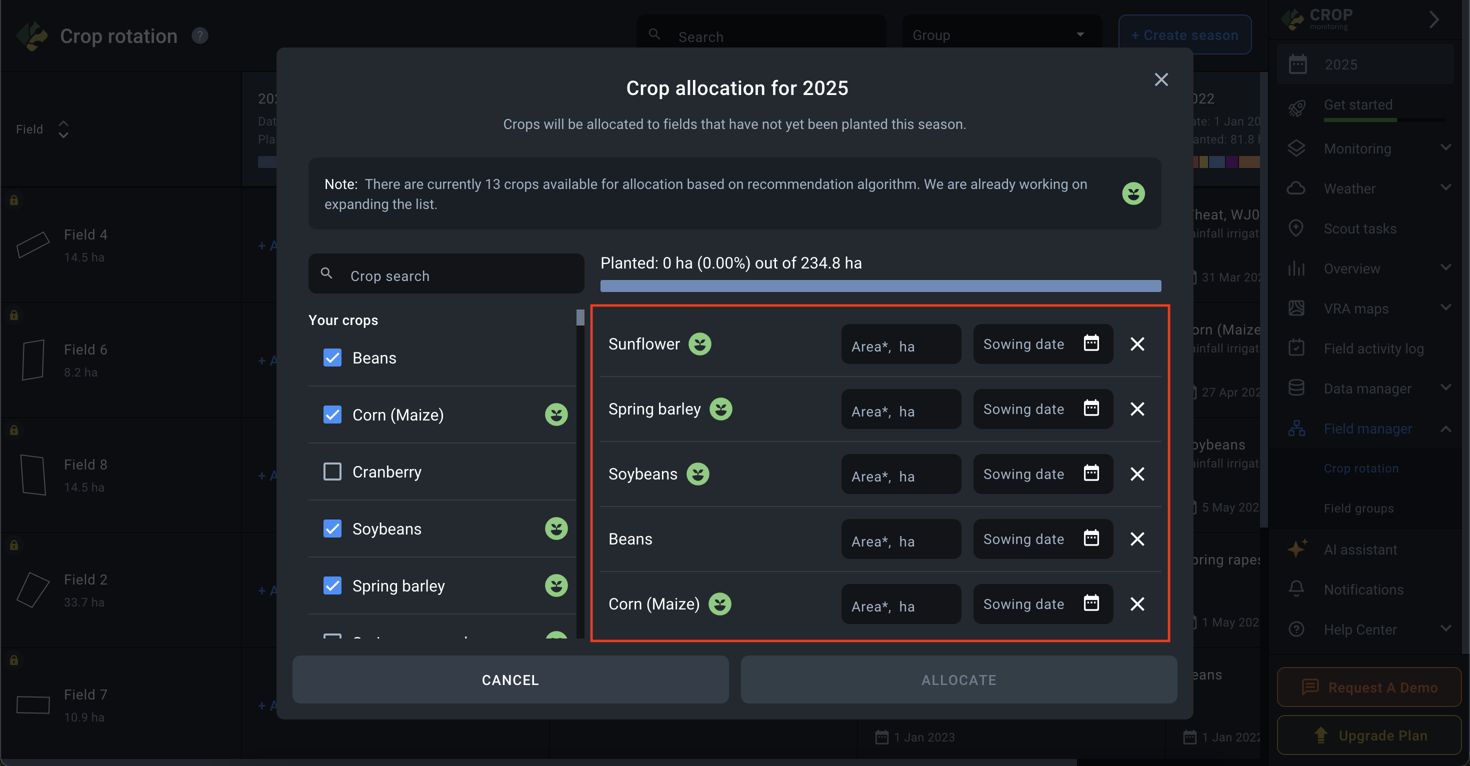how the selected crops are displayed
