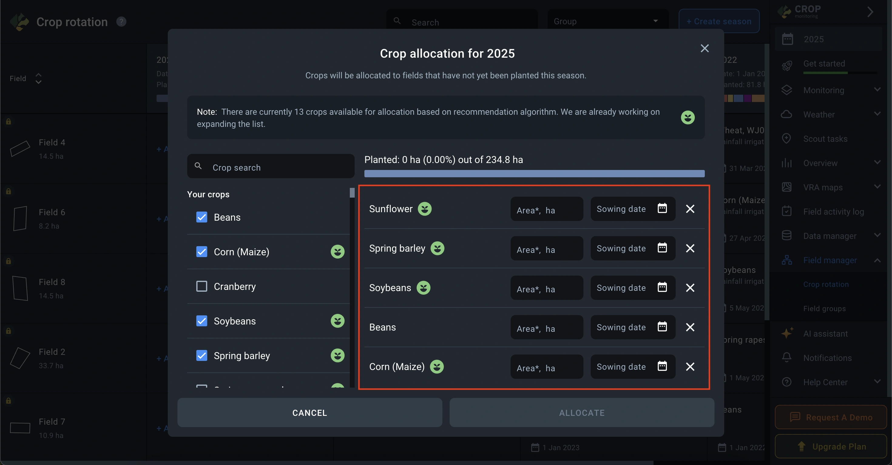 how the selected crops are displayed