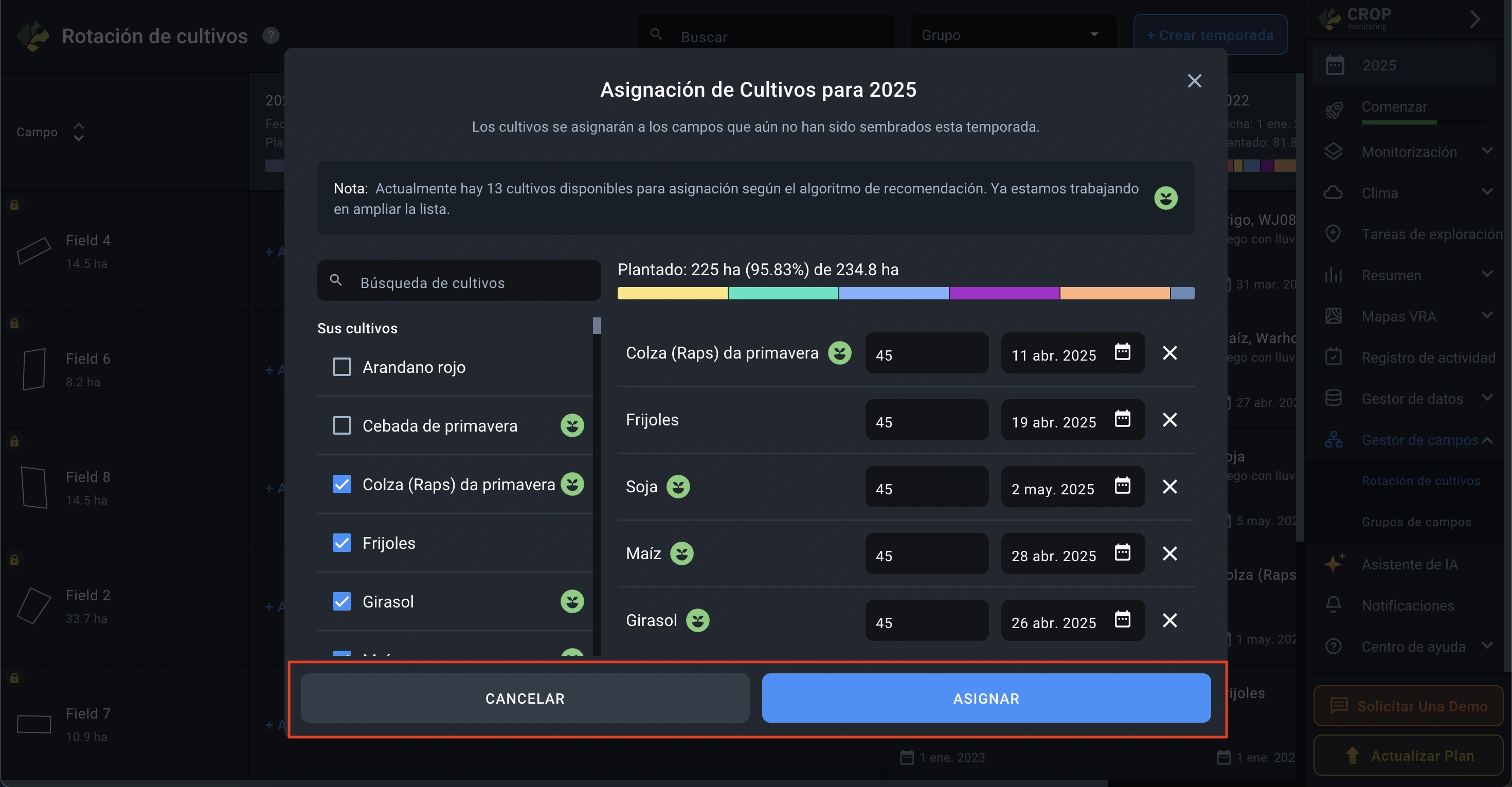 cómo se inicia la asignación de cultivos