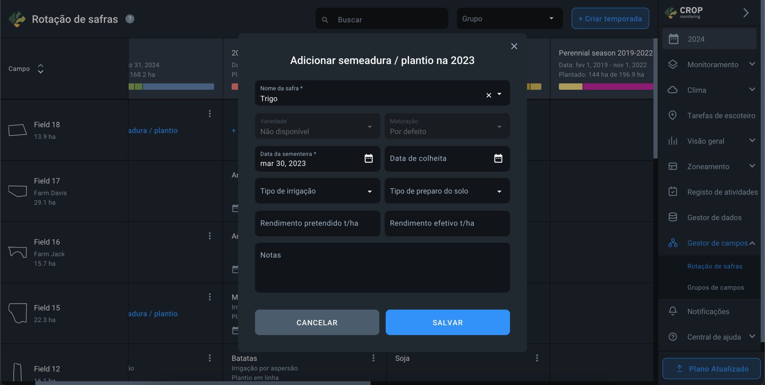 adição de parâmetros de semeadura