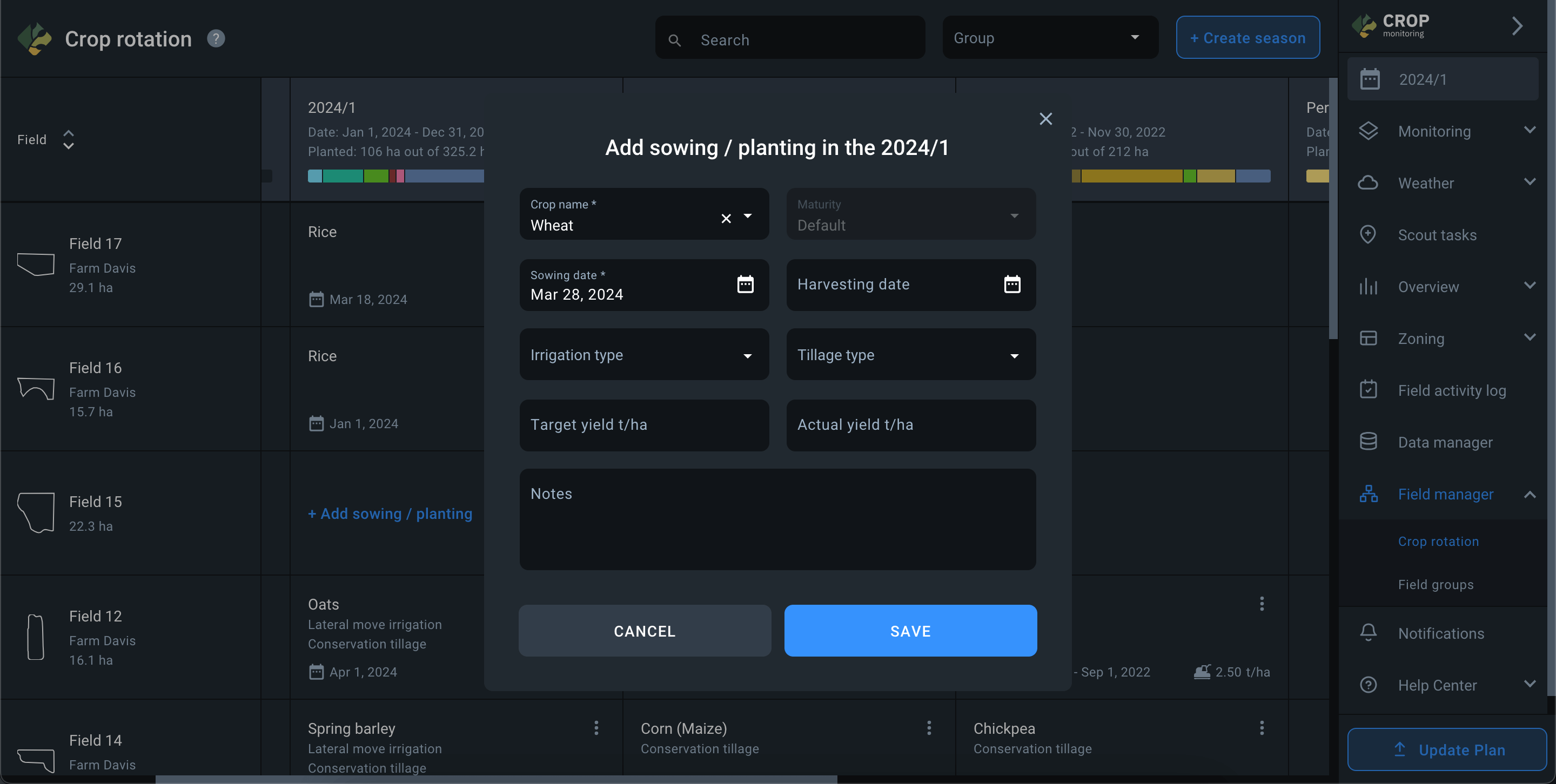 adding sowing parameters