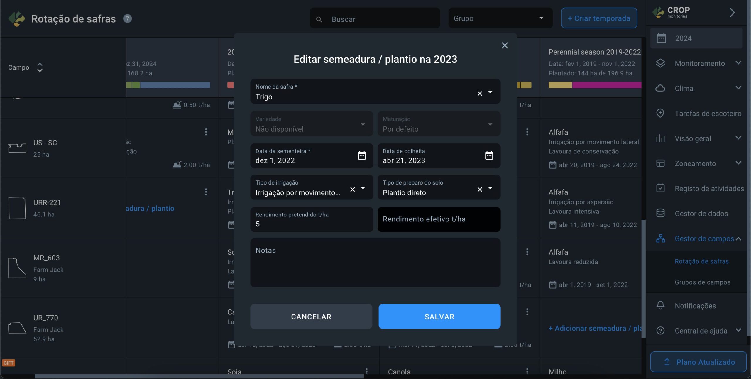 editar parâmetros de semeadura