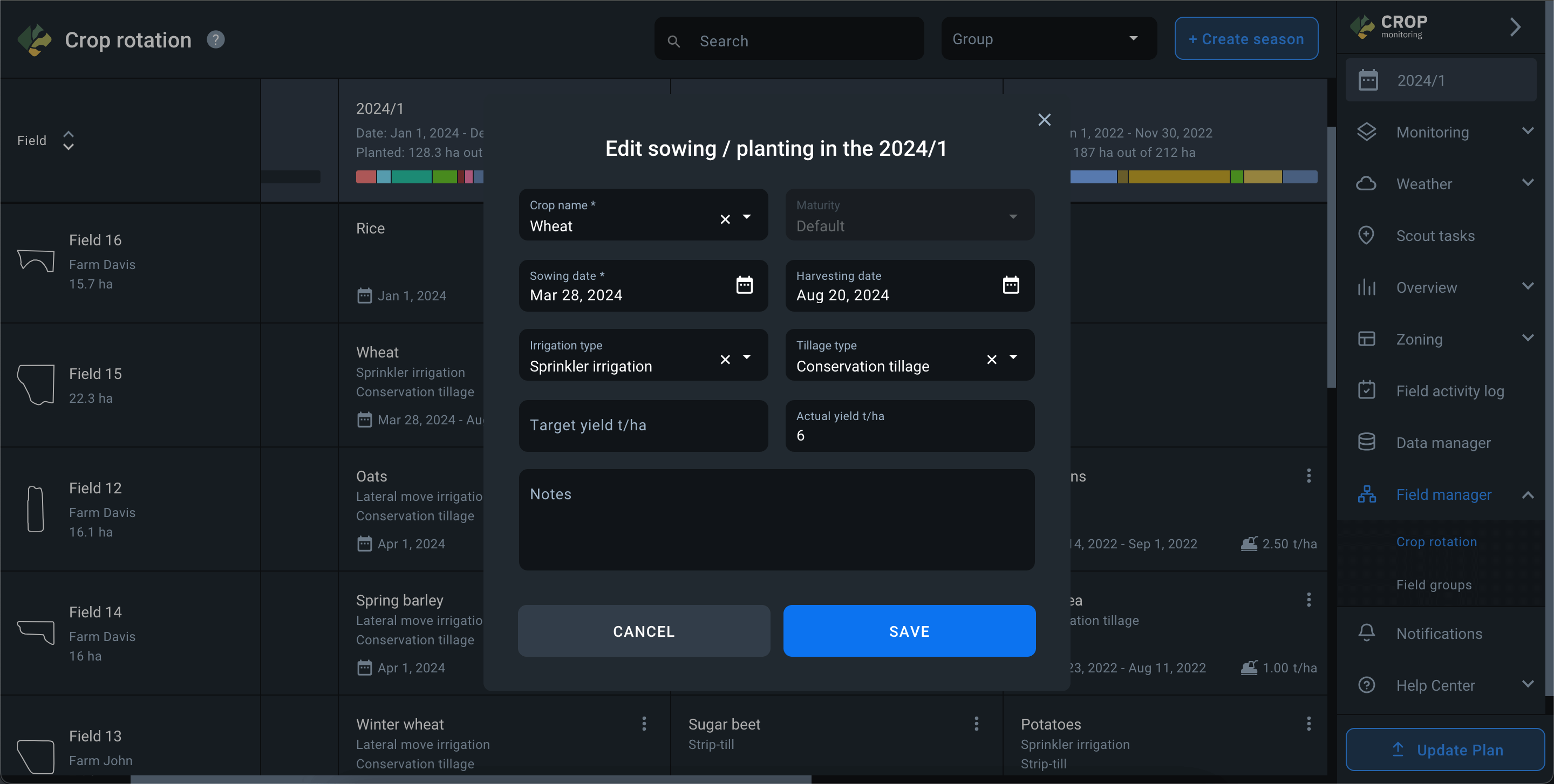 editing sowing parameters