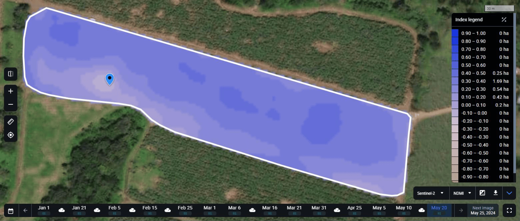 NDMI index map in EOSDA Crop Monitoring