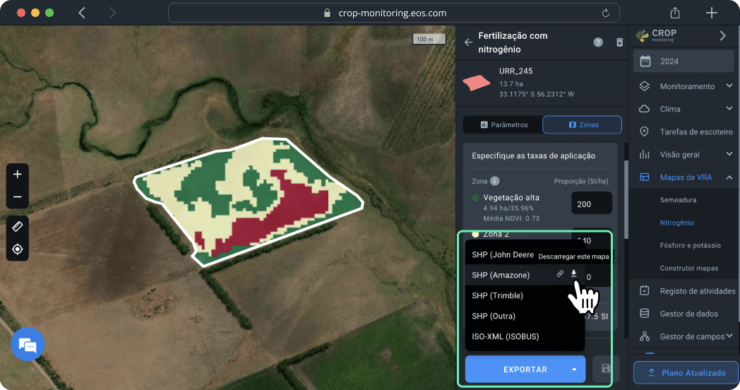 Mapas de VRA. Fertilização com nitrogênio. Exportar um mapa