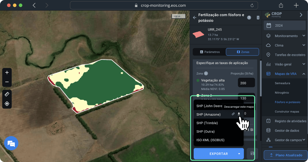 Mapas de VRA. Fertilização com fósforo e potássio. Exportar um mapa