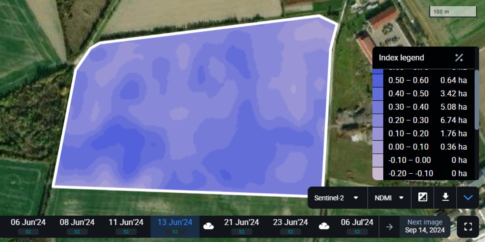 NDMI map for water stress detection at cover crop growing stage of potatoes