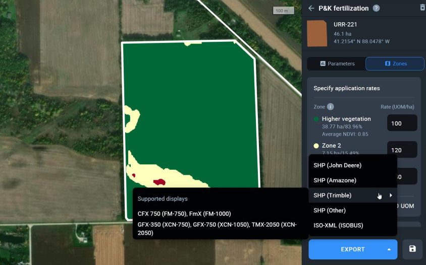exportación del mapa de fertilización P&K generado por EOSDA Crop Monitoring