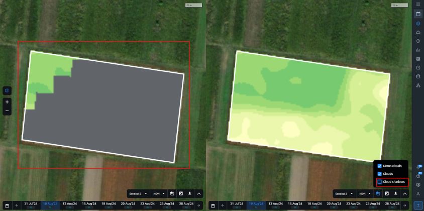 comparativa entre la máscara de sombra de nubes activada y desactivada