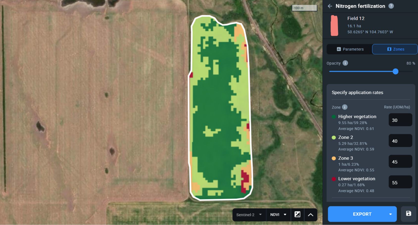 Диференційне внесення азоту в EOSDA Crop Monitoring