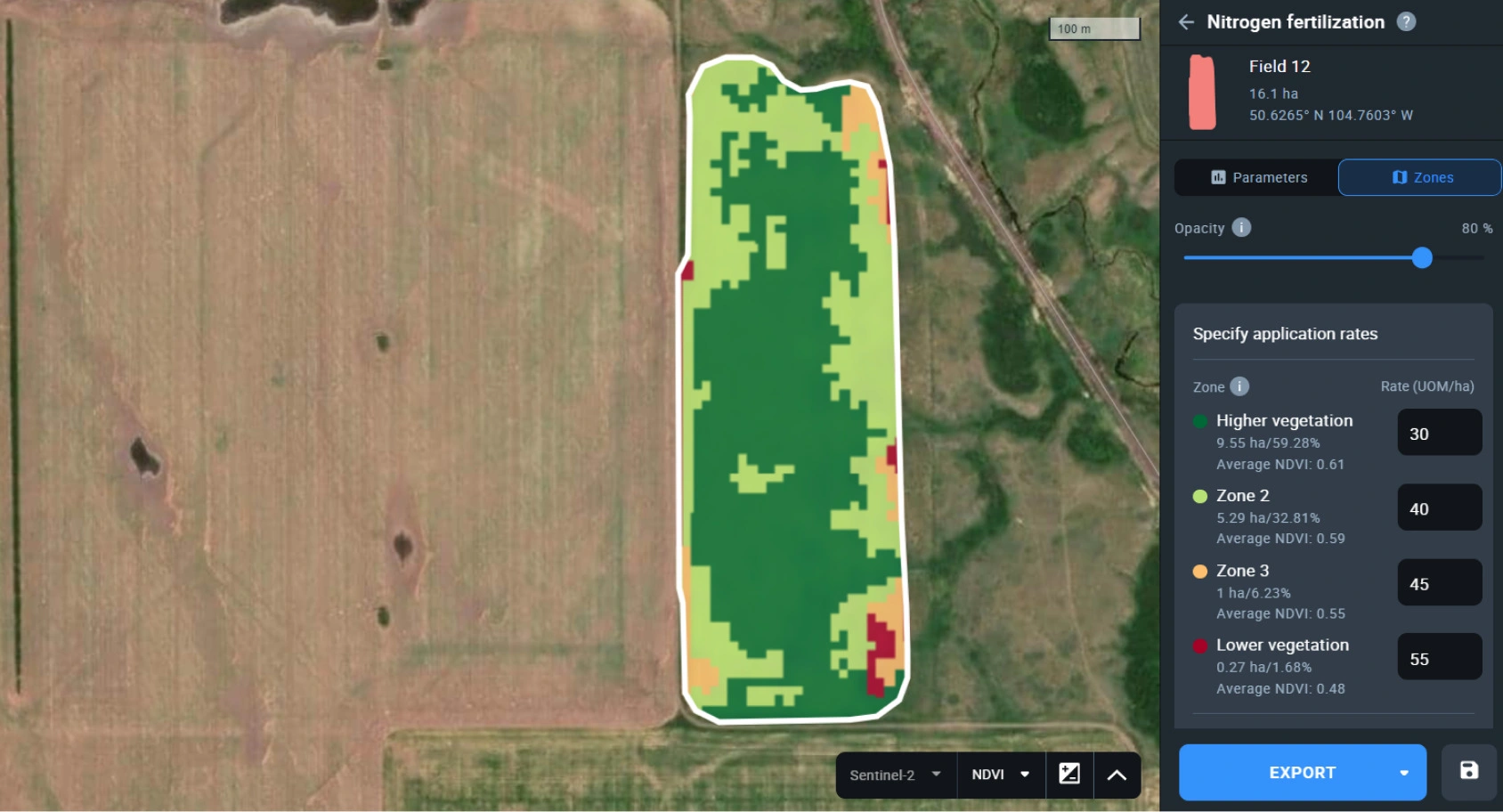 Диференційне внесення азоту в EOSDA Crop Monitoring