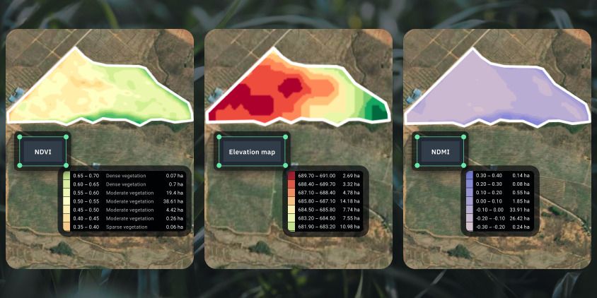 capas cartográficas de elevación, NDVI y NDMI para el riego de tasa variable