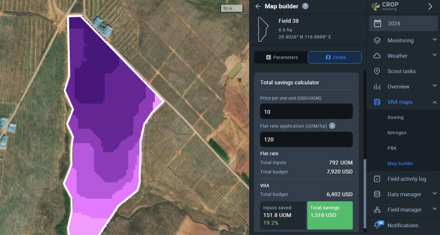 calculadora de ahorro VRI en EOSDA Crop Monitoring
