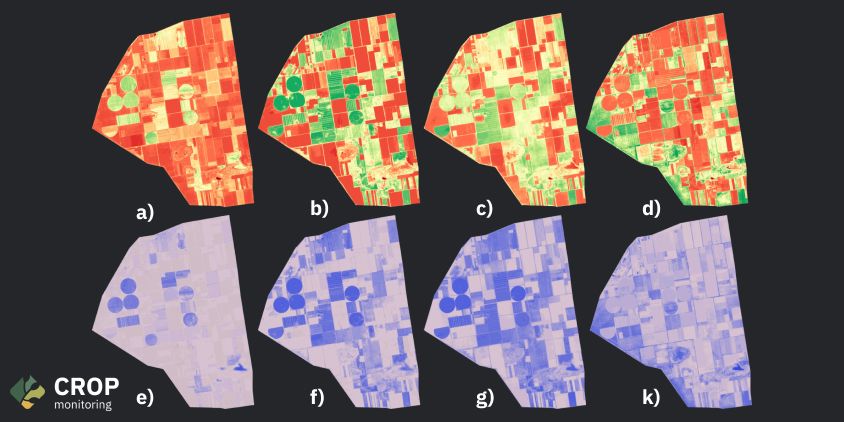 imágenes multiespectrales de un grupo de campos: NDVI (a - d) y NDMI (e - k), temporada 2022