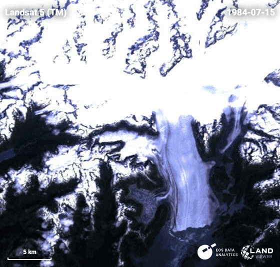 time-lapse animation of Columbia Glacier melting, Alaska, based on a historical satellite map