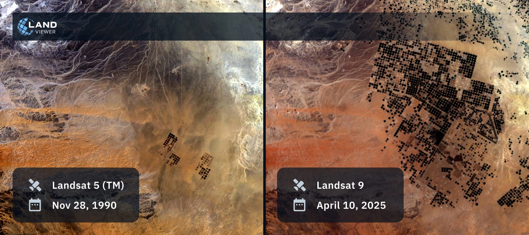 increase in pivot-irrigated fields in Saudi Arabia seen on Lansat old satellite map