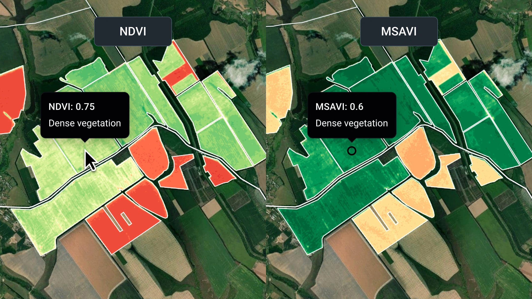 Split view mode for comparing satellite images of all your fields