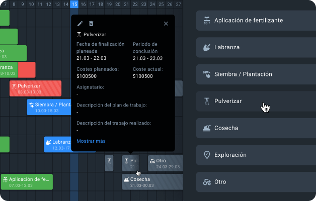 actividades de campo planificadas en el software de agricultura de precisión