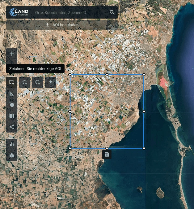 Zeichnen eines AOI auf einer Landsat 8-Satellitenkarte.