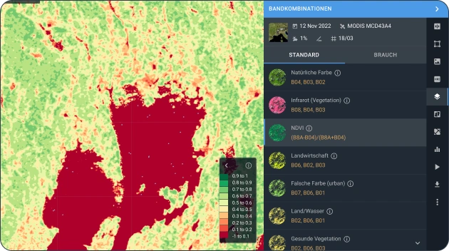 Analysieren Sie Satellitendaten mit verschiedenen Bandkombinationen