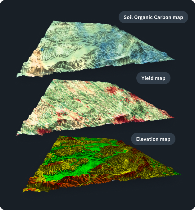 3D visualization of soil organic carbon, yield, and elevation maps used in carbon project design