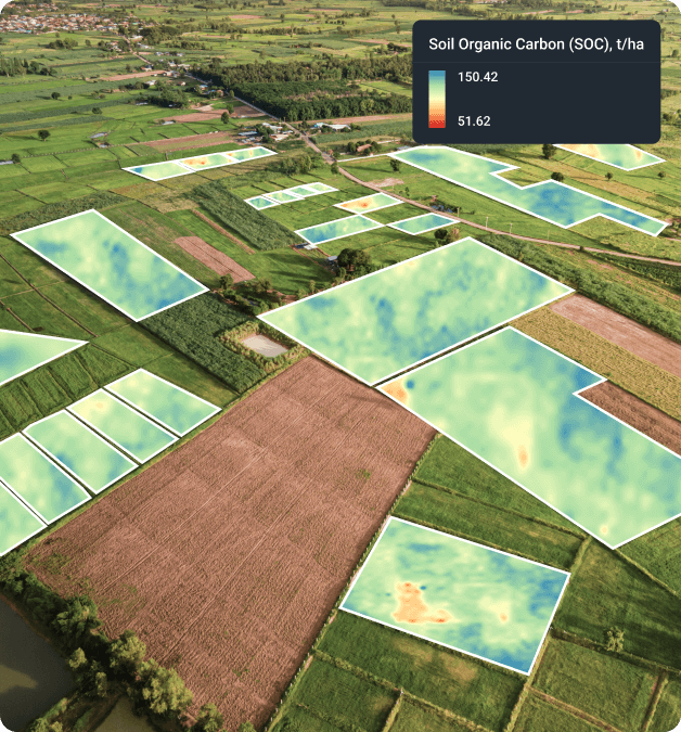 Map overlay showing spatial distribution of SOC levels across agricultural fields, visualized in t/ha