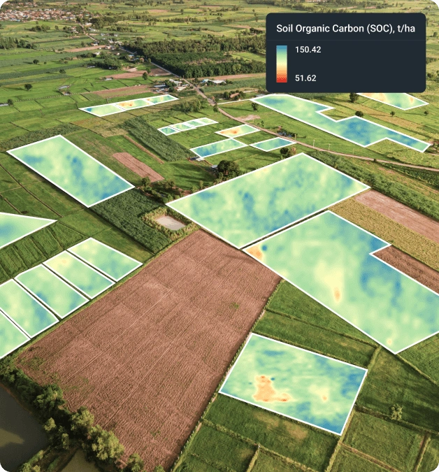 Map overlay showing spatial distribution of SOC levels across agricultural fields, visualized in t/ha