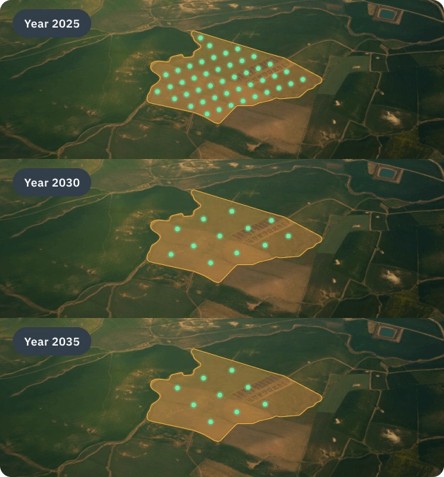 Visualization of a project area that shows the reduction of soil sampling needs from 2025 to 2035 enabled by EOSDA Carbon