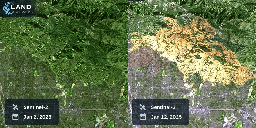 satellite map comparison of the Eaton fire created with two different images
