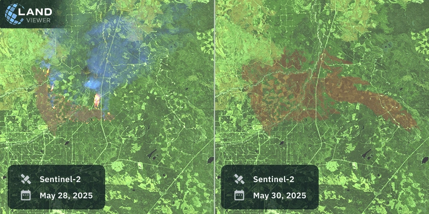 Alberta fire map of the Edith Lake wildfire with live satellite images of Sentinel-2