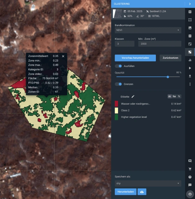 Satellitenbild eines Waldes mit Software in Zonen unterteilt – Anwendung in der Forstwirtschaft