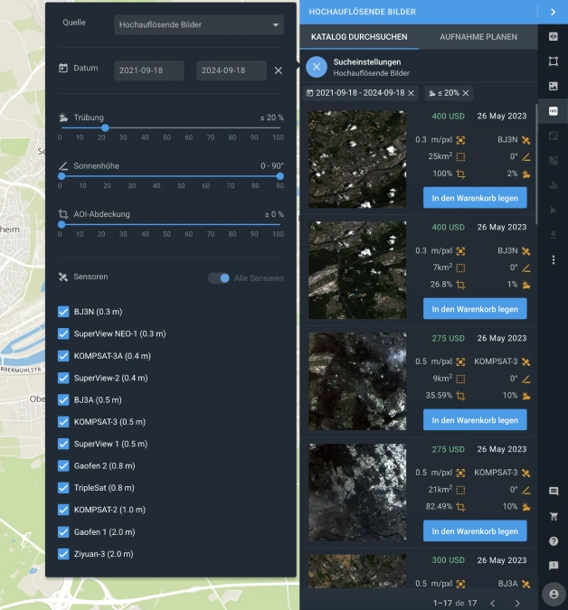 Hochauflösende Satelliten- und AOI-Auswahl in EOSDA Landviewer