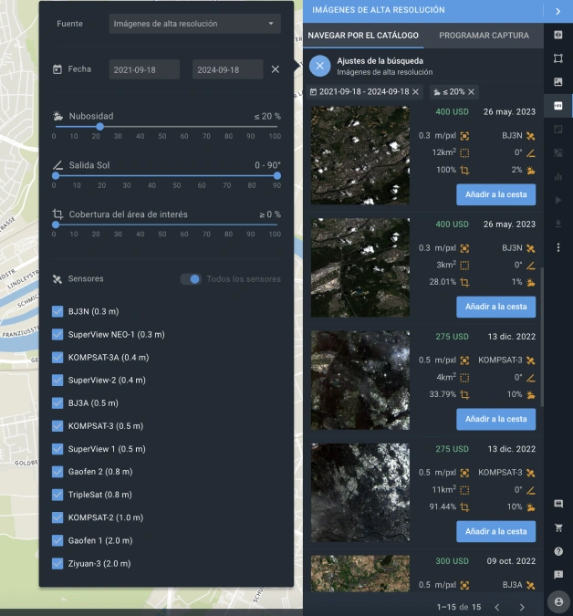 selección de satélite de alta calidad y área de interés en EOSDA Landviewer