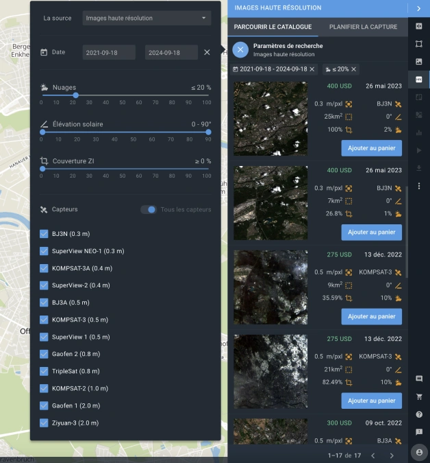 Sélection de satellite définition élevée et de zone d'intérêt (AOI) sur EOSDA LandViewer