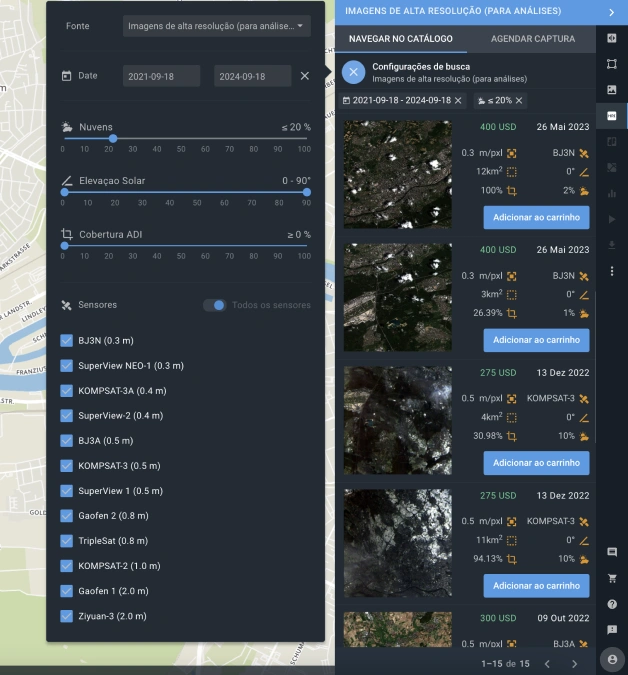 Seleção de satélite de alta resolução e AOI no EOSDA LandViewer
