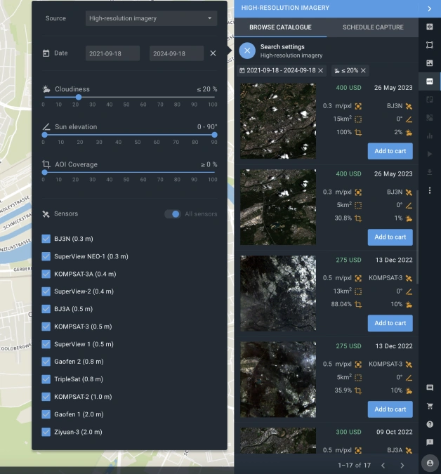 high resolution satellite and AOI selection on EOSDA Landviewer