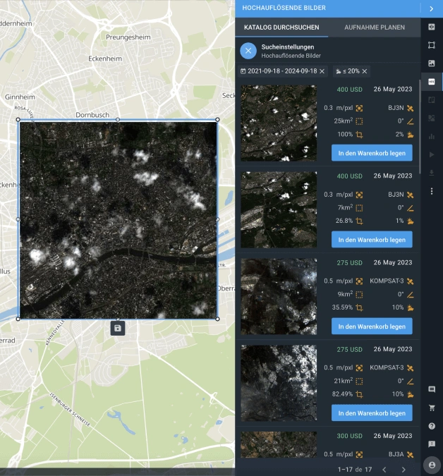 verfügbare Liste hochauflösender Satellitenbilder der erde für AOI
